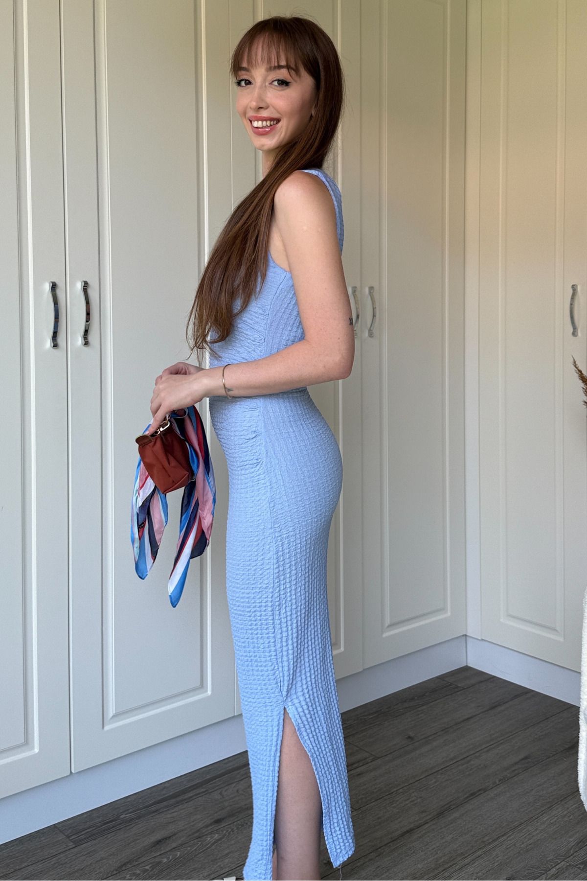 Gofre Kumaş Midi Elbise - 4