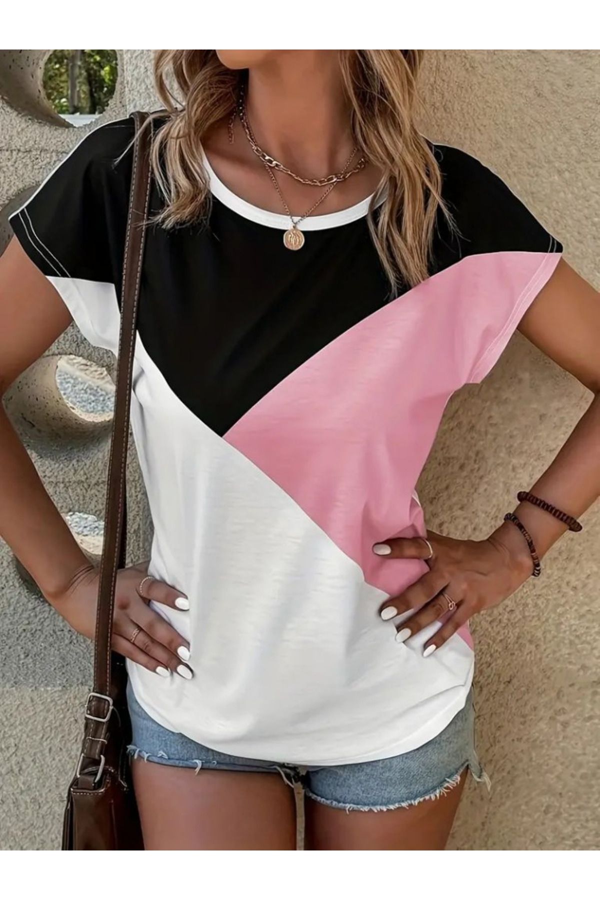 KAZAK Kadın Bisiklet Yaka üç Renk Viskon T-shirt