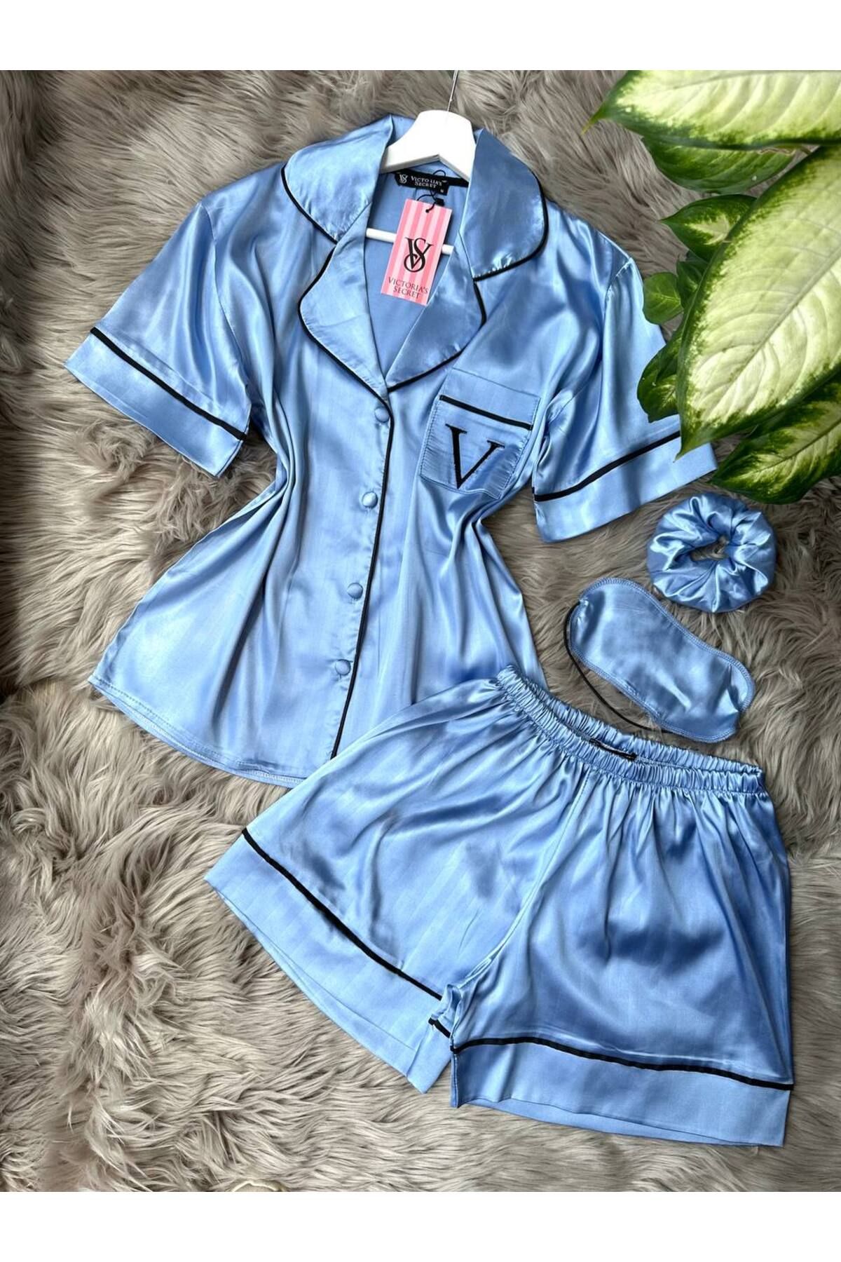 saviniboutique SAVİNİ Victoria Kadın Saten Önden Düğmeli Çizgili Şortlu Pijama Takımı
