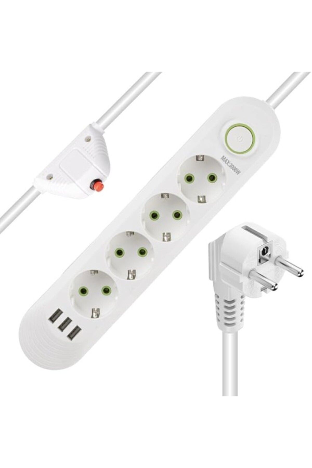ShopZum Akım Korumalı Grup Priz, 4’Lü Priz,1.5 Metre Kablolu, 3 Usb’Li 3000W, 16 Amper, Kablo