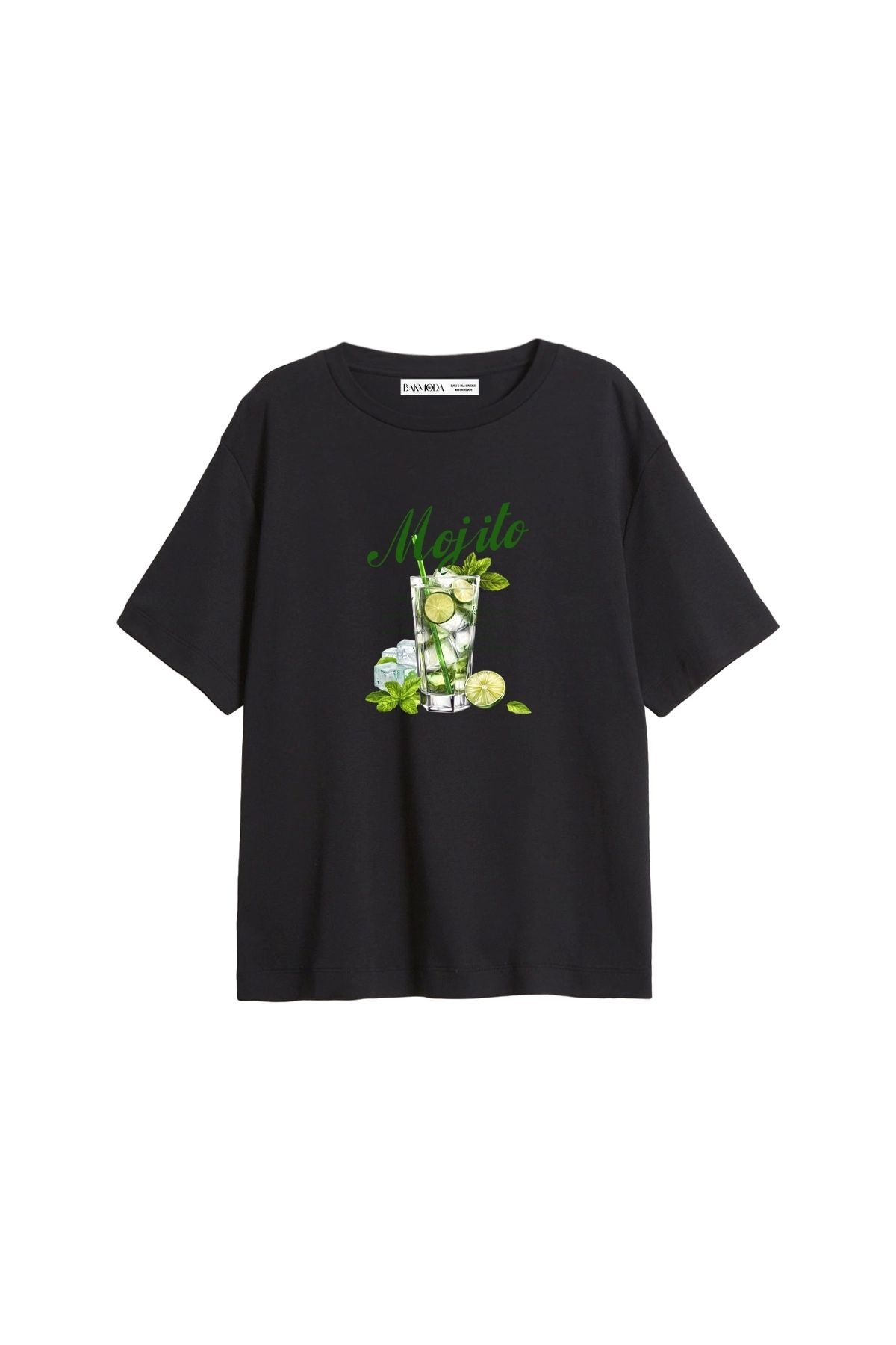 CİNEMA MODA Iced Mojito Baskılı Relaxed Fit Siyah Kadın Tshirt