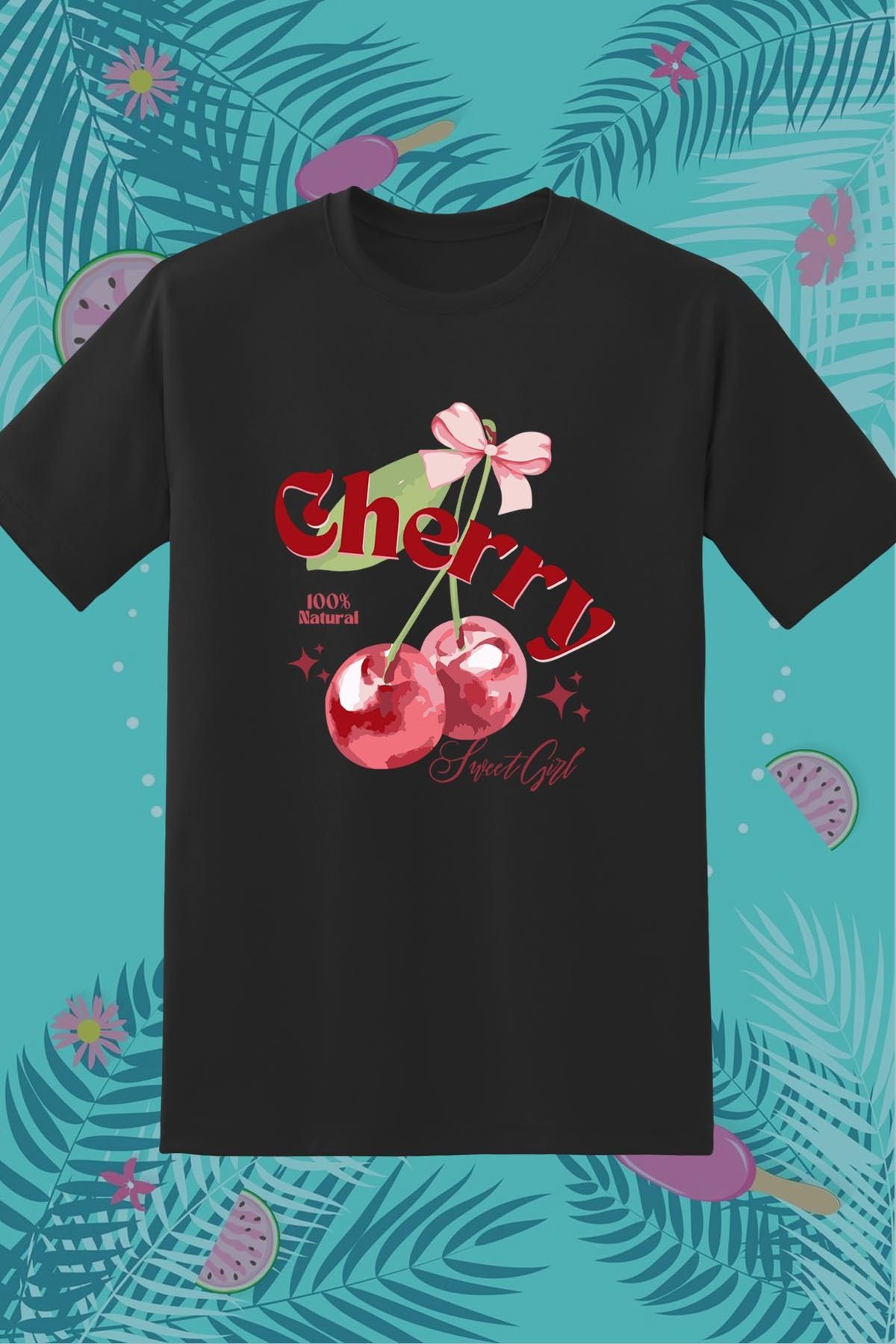 362BASKI Yaz Temalı Kiraz Cherry Sweet Girl Baskılı Tshirt