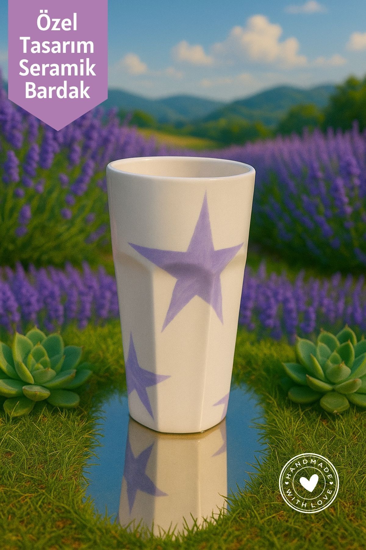 Mim and More Mor Yıldız Desenli El Yapımı Seramik Bardak – Özel Tasarım