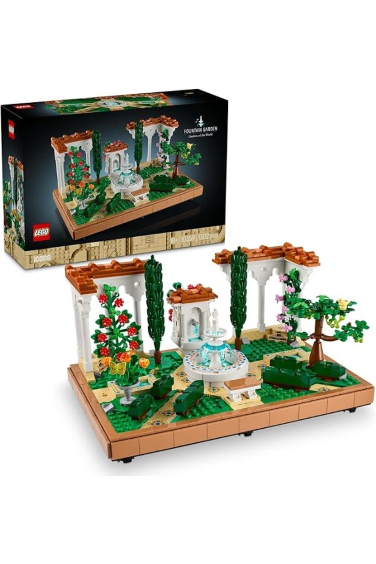 ShopZum Icons Fıskiyeli Bahçe 10359 – Yetişkinler İçin Ev Ve Ofis Dekoru, Selvi Ağaçları, Çiçekler Ve
