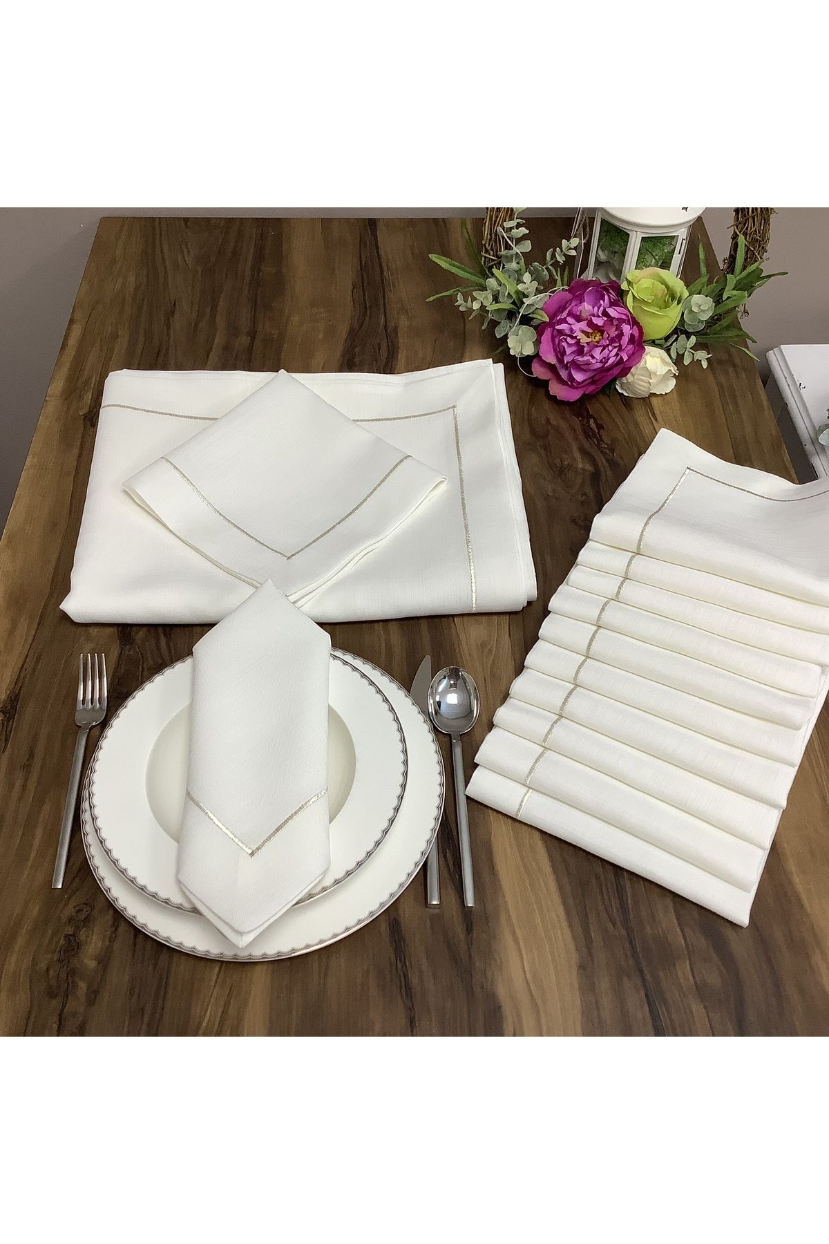 OYA home Gümüş Piko Detaylı Masa Örtüsü (1) & Peçete (12) set - 13 parça