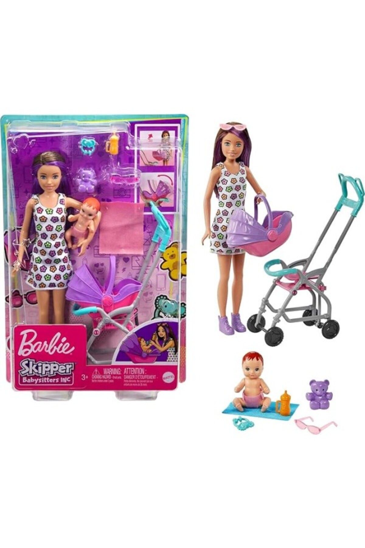 ShopZum Barbie Skipper® Bebek Bakıcısı™ Mor Saçlı Bebek Ve Oyun Seti, 3y , Gxt34