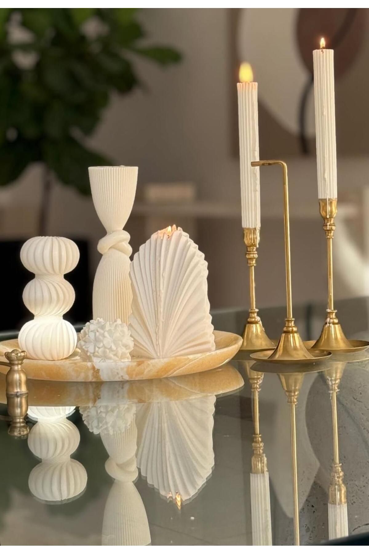 SCA CANDLE Dekoratif Mum Palm +Düyüm Gül+Gül +üç +Çizgili Şamdan Mum toplam 6 parça