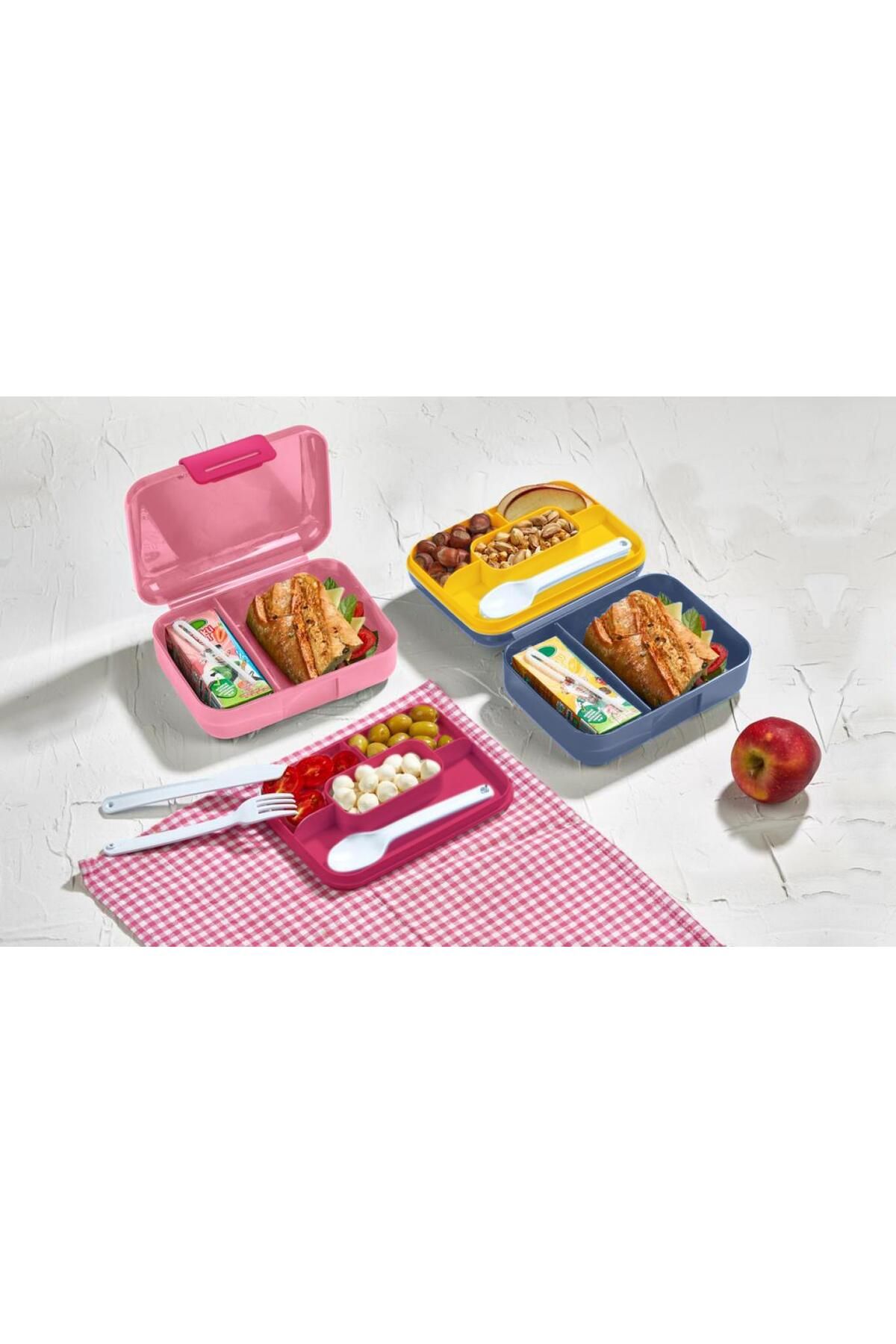 Leony 2 Katlı Beslenme Kutusu - Kaşıklı, Çatallı, Bıçaklı - 5 Bölmeli - Okul Saklama Kabı-Lunch Box
