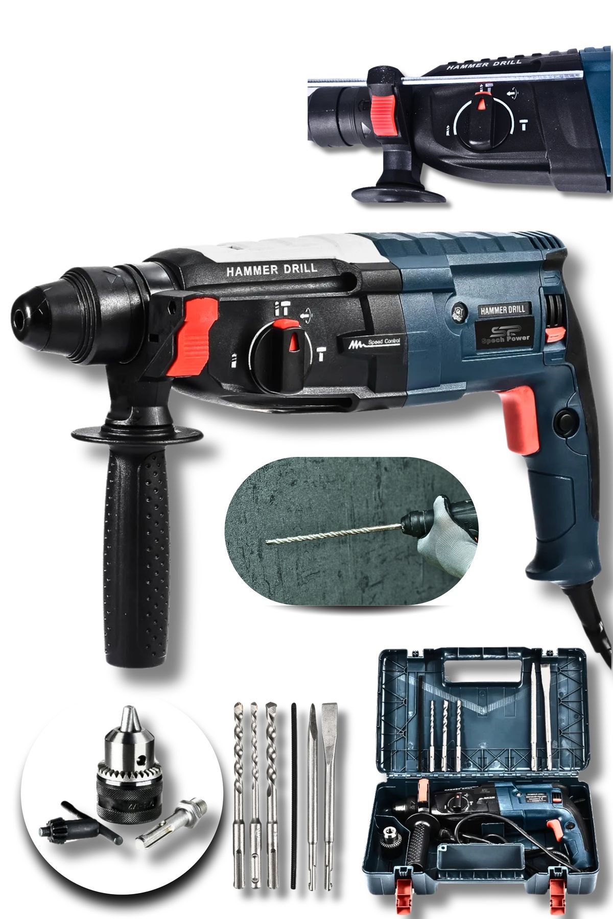Spech Power Darbeli Metal Şanzumanlı Bakır Sargılı Kırıcı Delici Hilti Matkap + 5 Uç