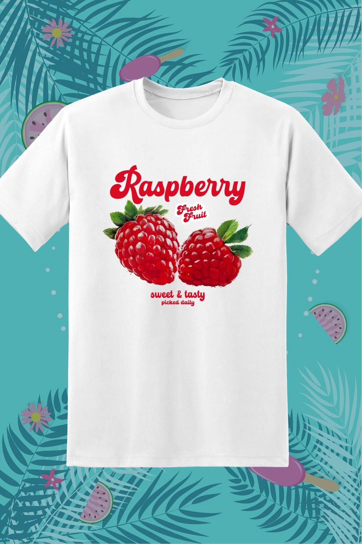 362BASKI Yaz Temalı Raspberry Ahududu Baskılı Tshirt