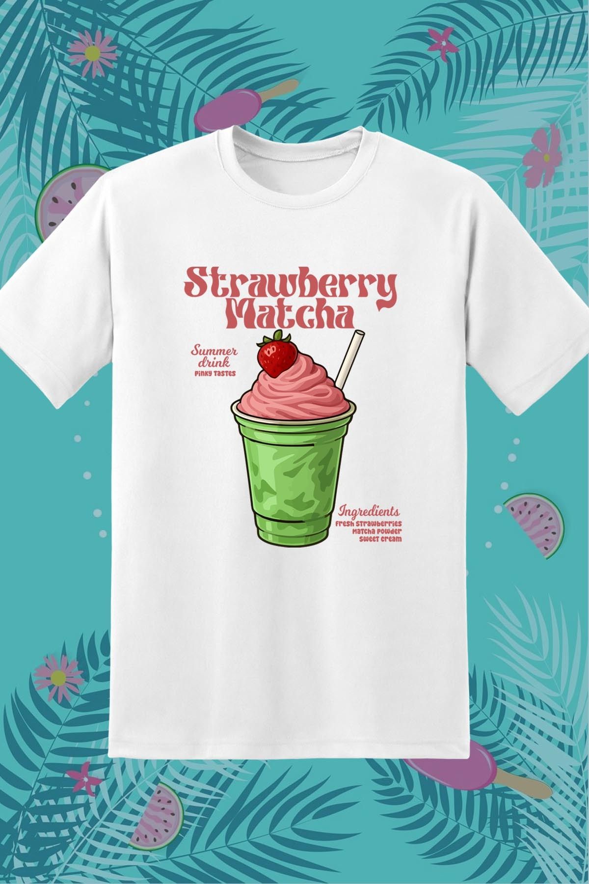 362BASKI Yaz Temalı Strawberry Matcha İçecek Baskılı Tshirt
