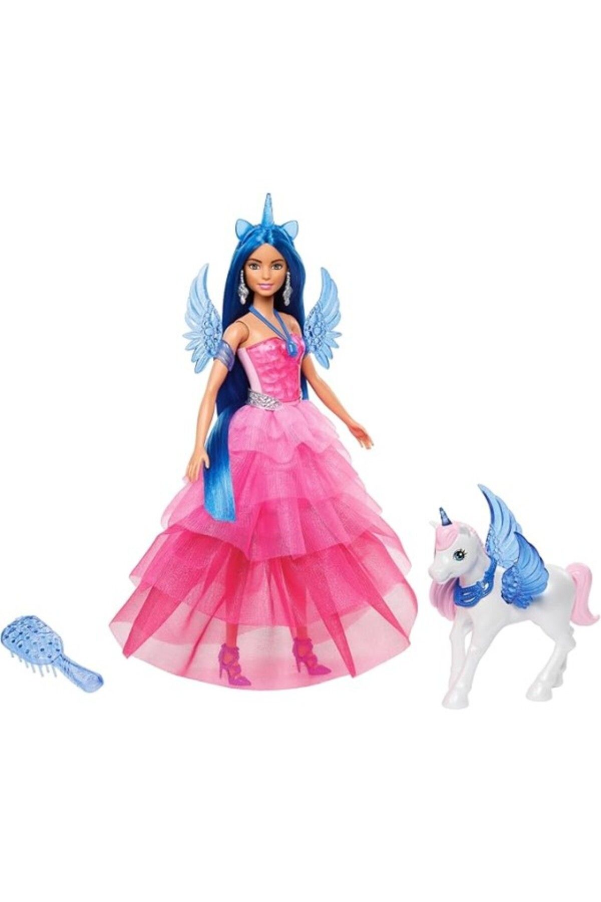 ShopZum Mavi Saçlı Prenses Bebek Barbie, 65. Yıla Özel, Mavi Saçlı, Pembe Elbiseli Bebek Ile Hayvan
