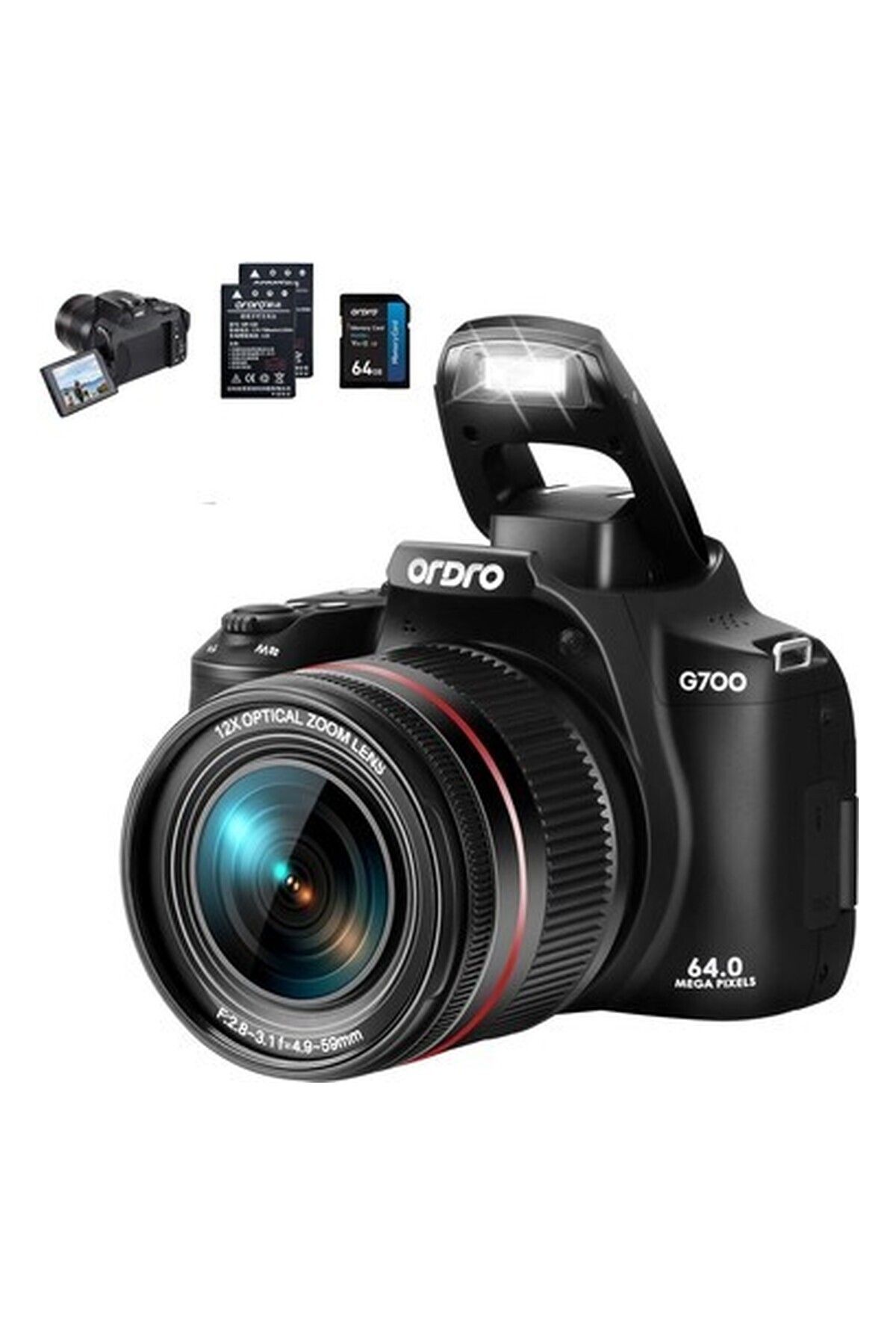 Ordro 4K 64MP Vlog Kamerası 12X Optik Zoom
