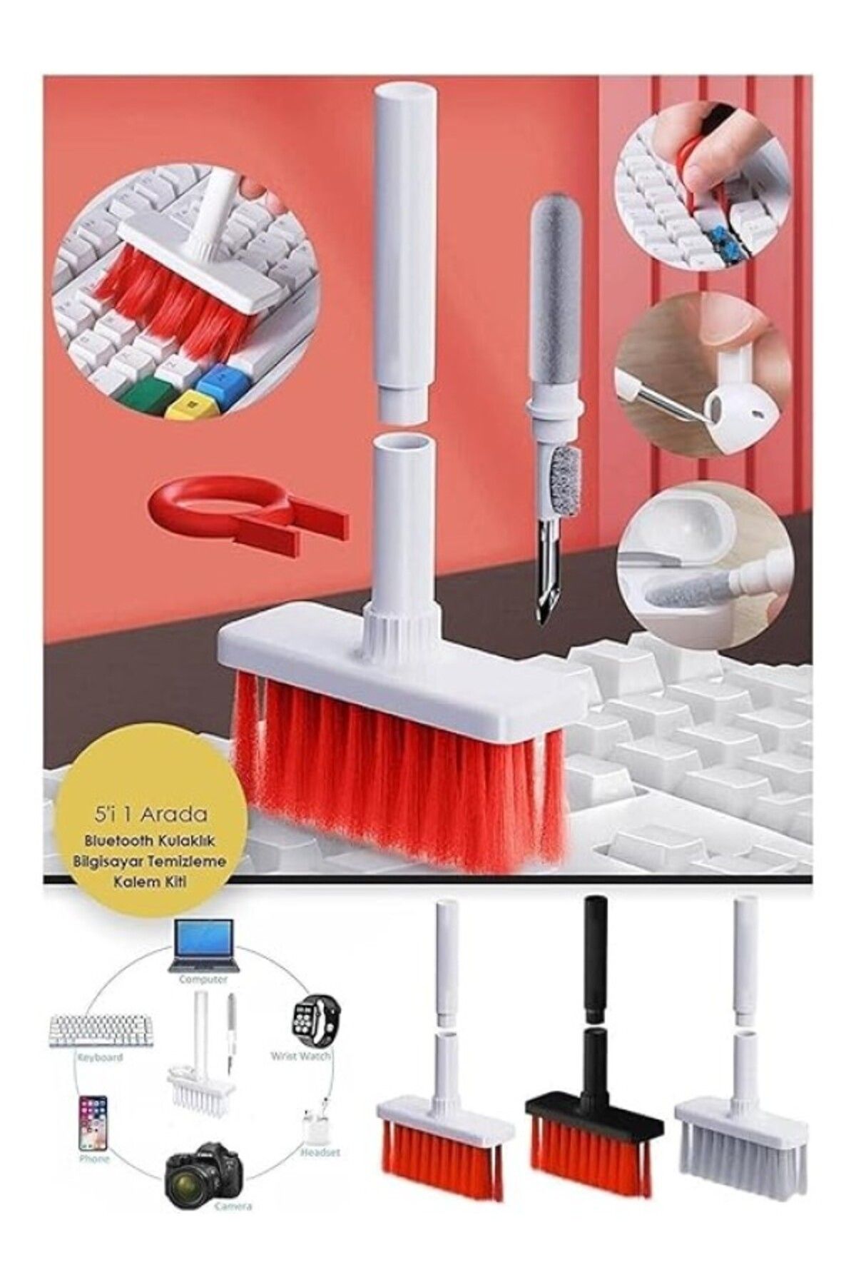ShopZum Safestore Çok Amaçlı Kırmızı Hassas Fırça Başlıklı Bilgisayar Klavye Laptop Temizleme Fırçası 5 In