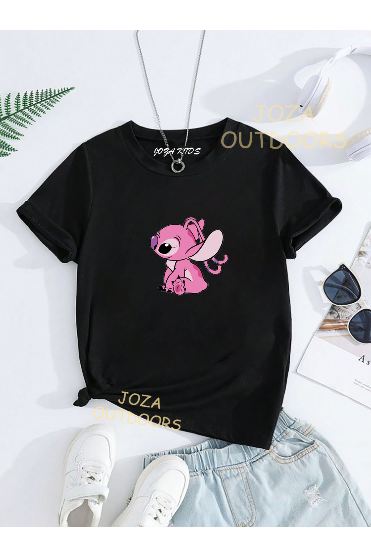 Joza Outdoors Unisex Kız ve Erkek Angel Lilo Stitch Baskılı Renkli Çocuk Tekli T-shirt (Kombin Yapılabilir)