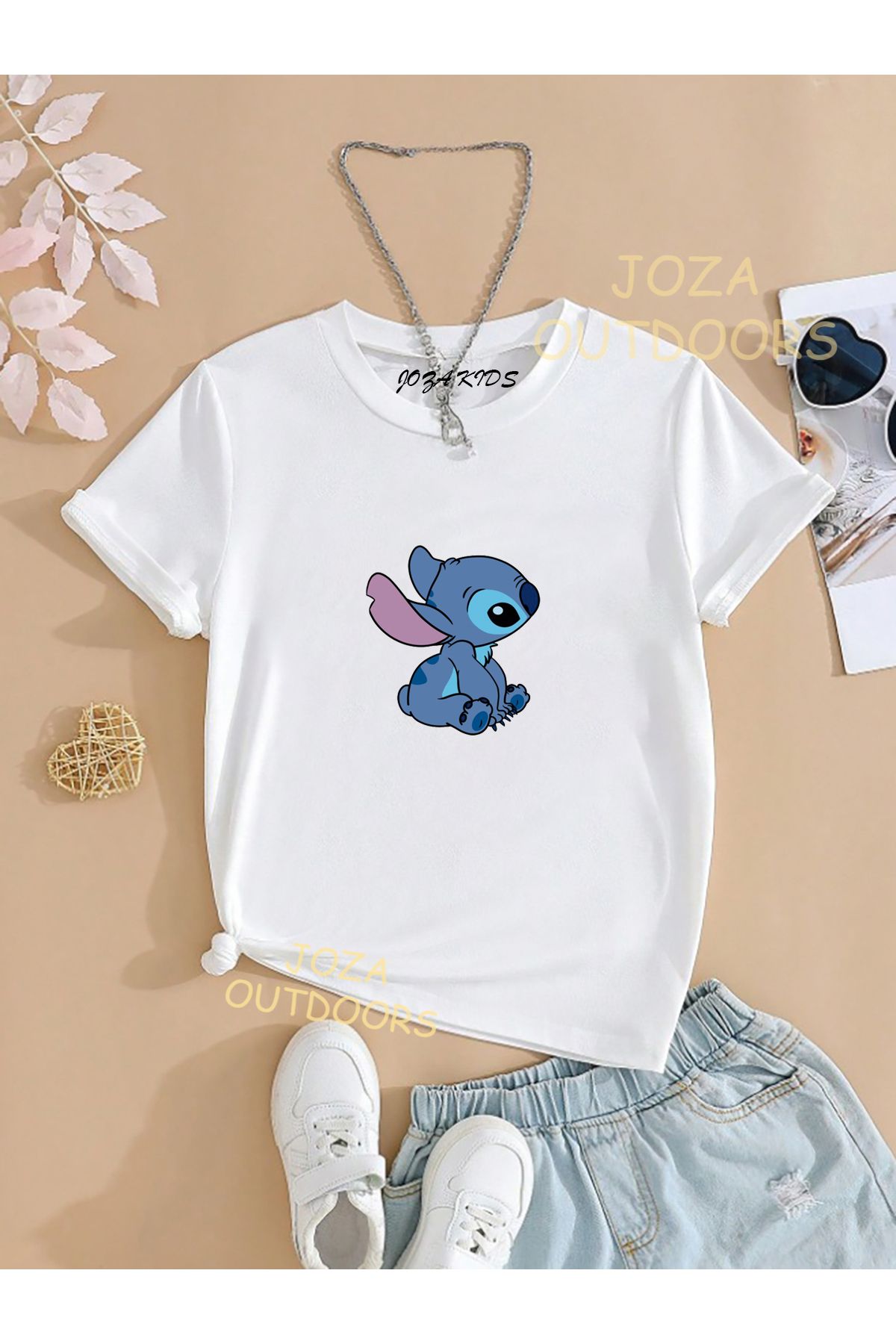 Joza Outdoors Unisex Kız ve Erkek Angel Lilo Stitch Baskılı Renkli Çocuk Tekli T-shirt (Kombin Yapılabilir)