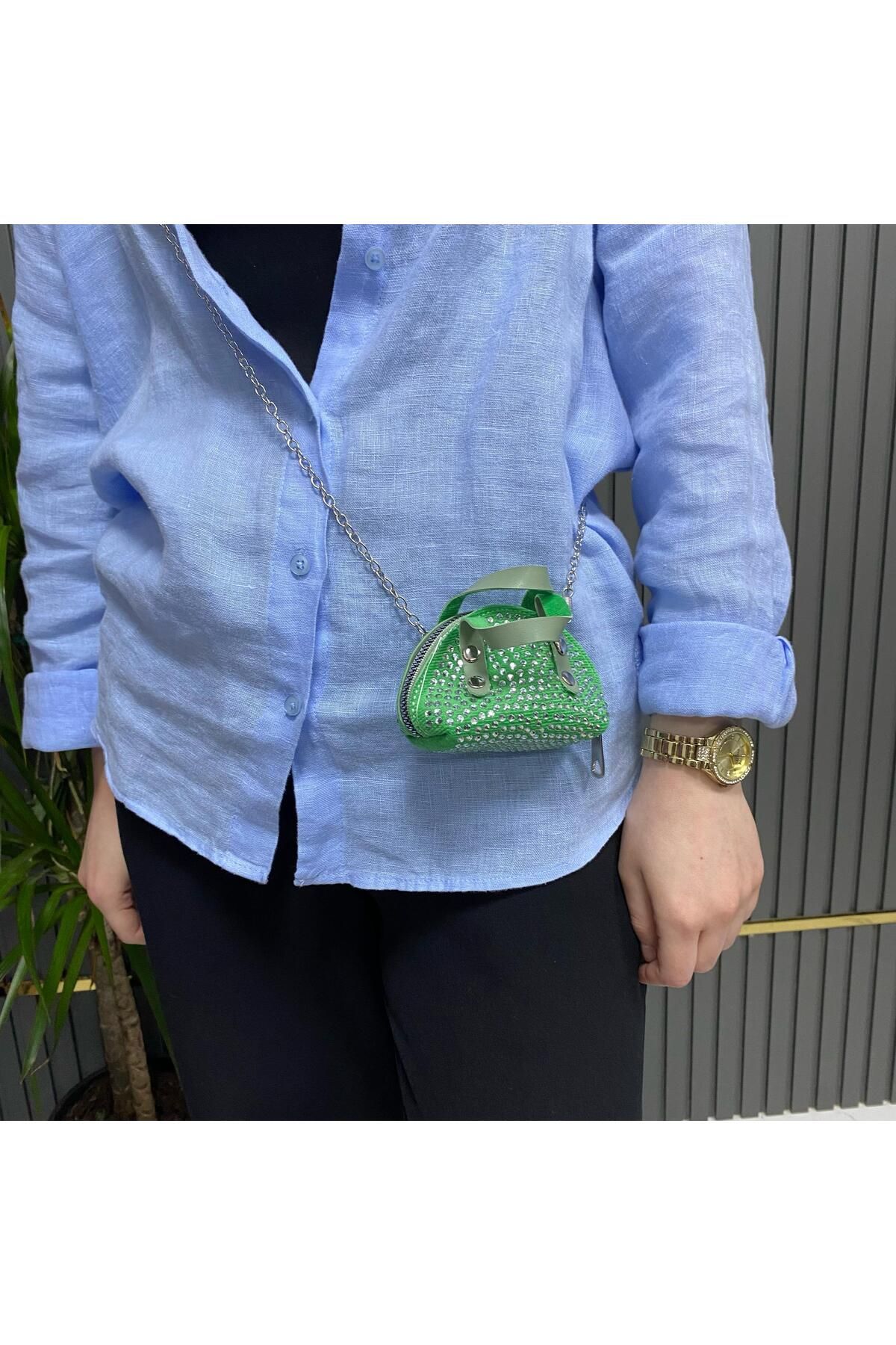 efnanstore Mini Taşlı Cüzdan Çanta Yeşil Beyaz Taşlı AB0903
