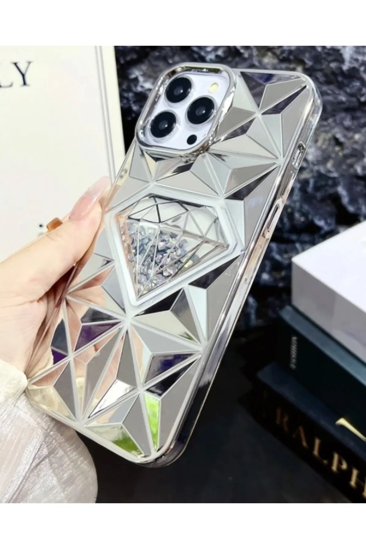 KAZEMTECH İphone 14 Uyumlu Sulu Simli Elmas Desenli Kılıf