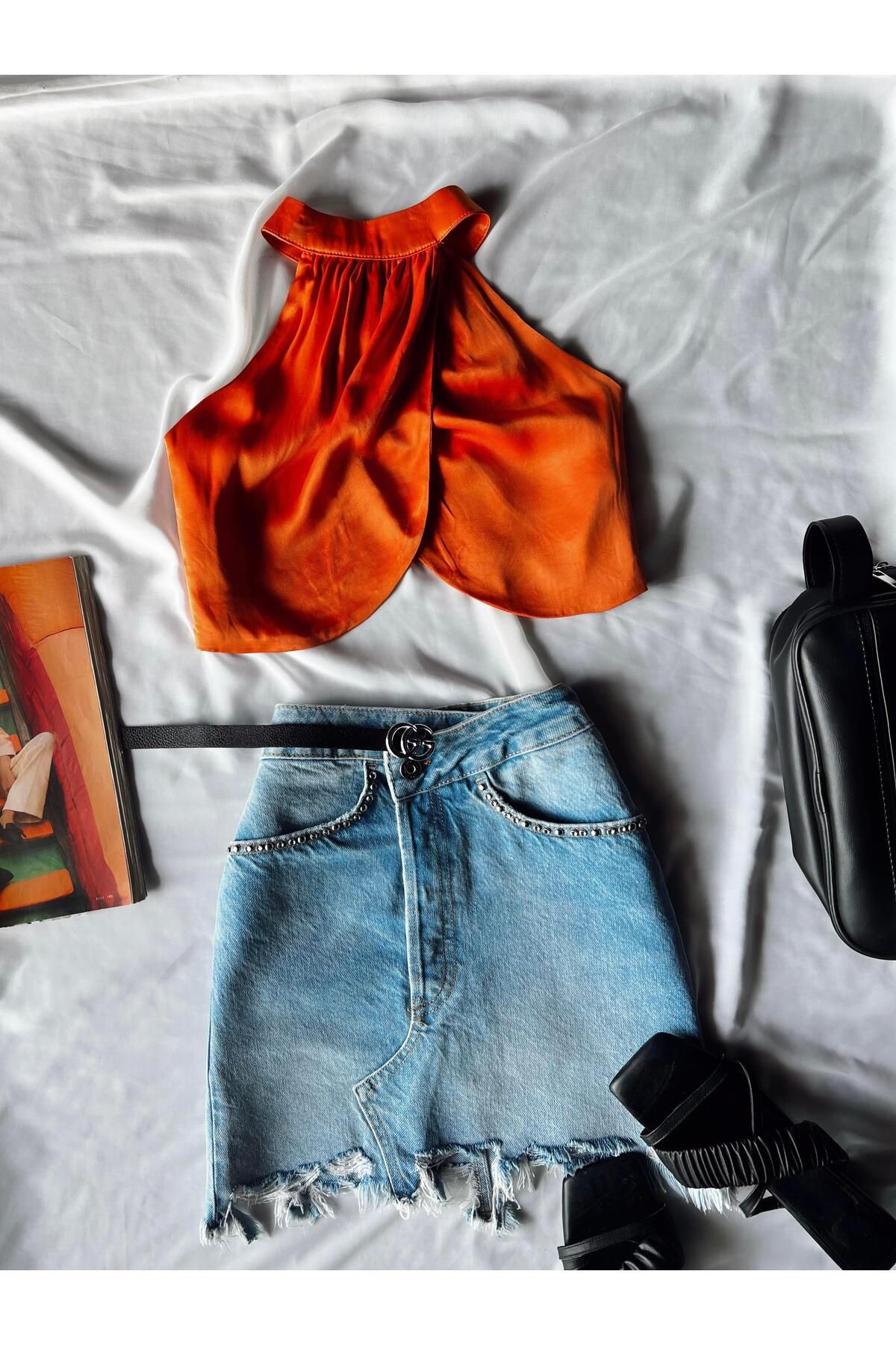 TamSeninTarzin Everdina Taş İşlemli Denim Etek