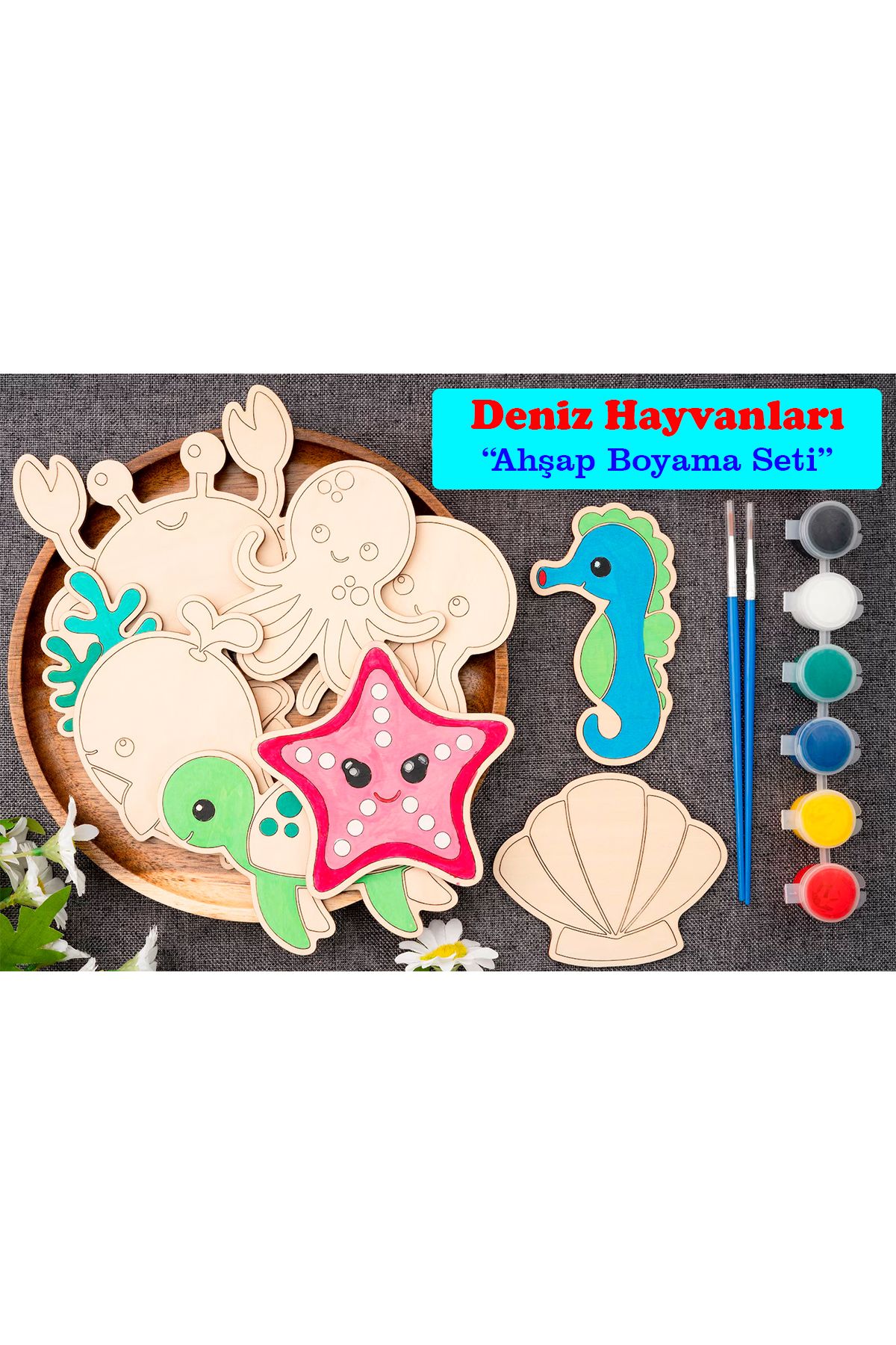 GONCA EĞİTİM Ahşap Kendin Yap Deniz Hayvanları Boyama Seti - Eğitici Ahşap Montessori Oyuncak