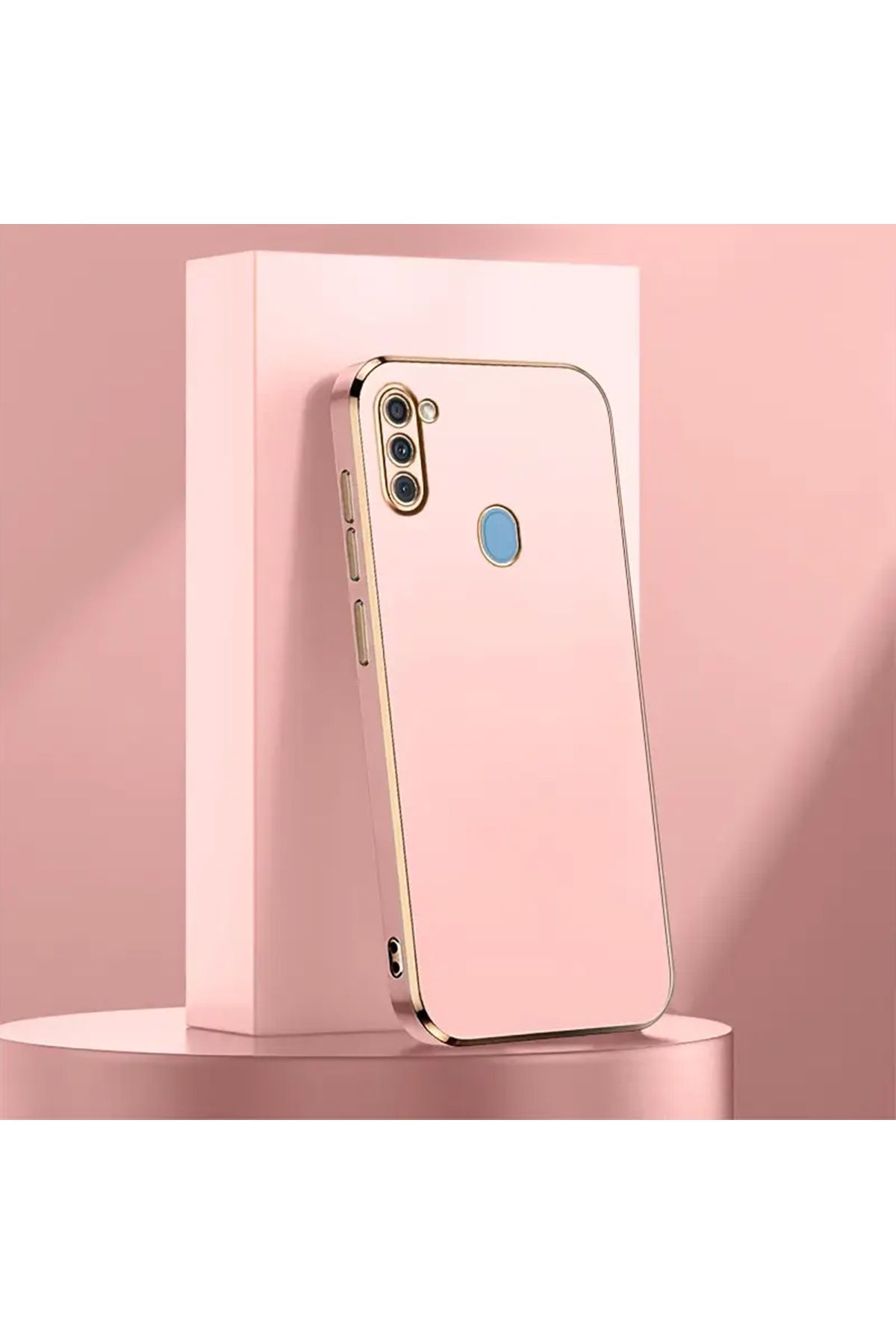 Merwish Galaxy A11 Uyumlu Lazer Kesim Gold Çerçeve Pembe Kapak Kılıf