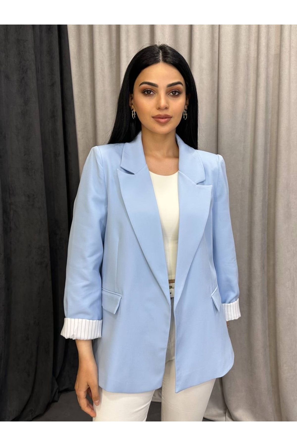Mhm Kruvaze Yaka Düğmesiz Astarlı Katlanabilir Kollu Blazer Ceket