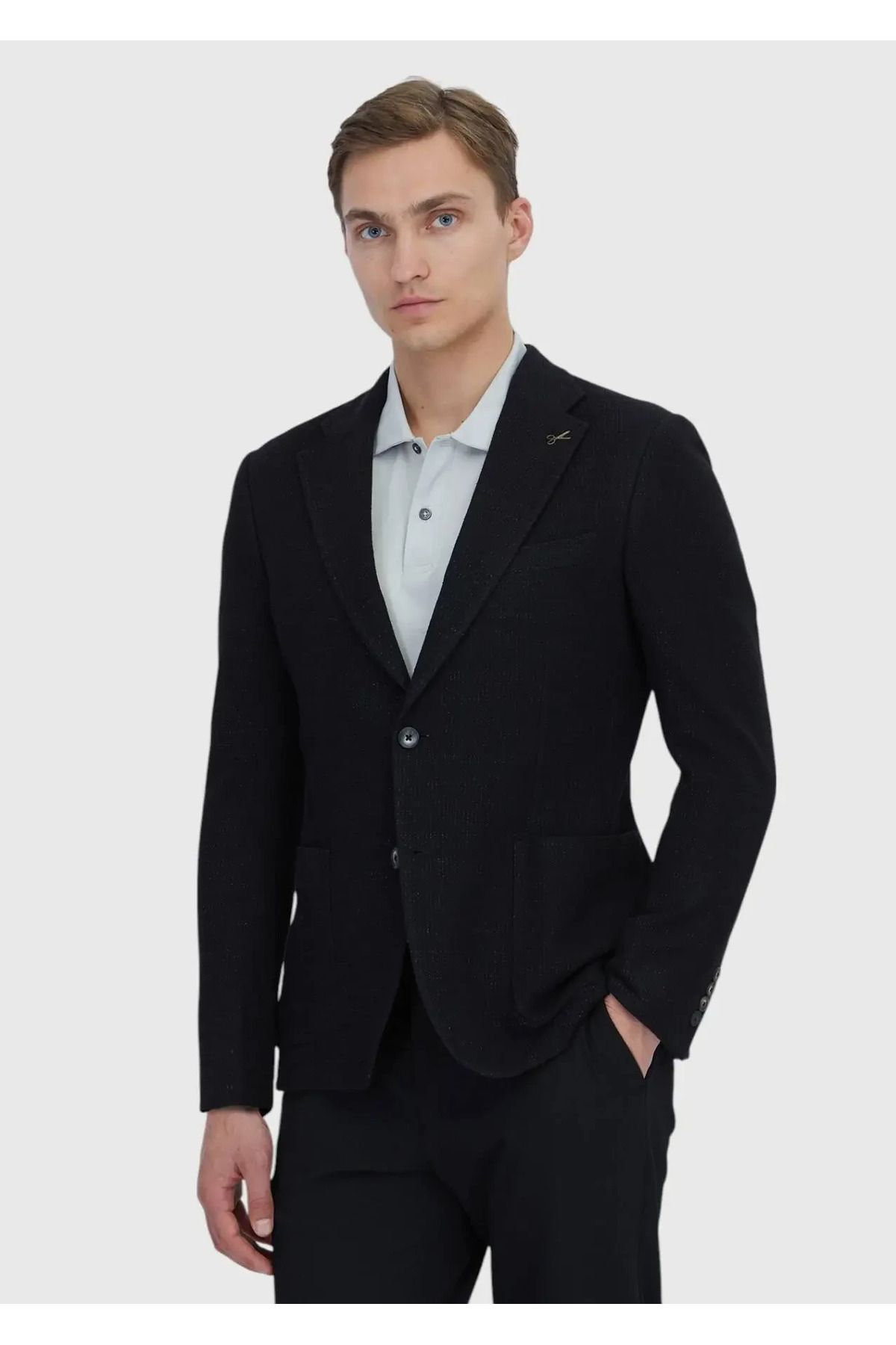 Ramsey Siyah Düz Shirt Shoulder Slim Fit Pamuk Karışımlı Örme Ceket