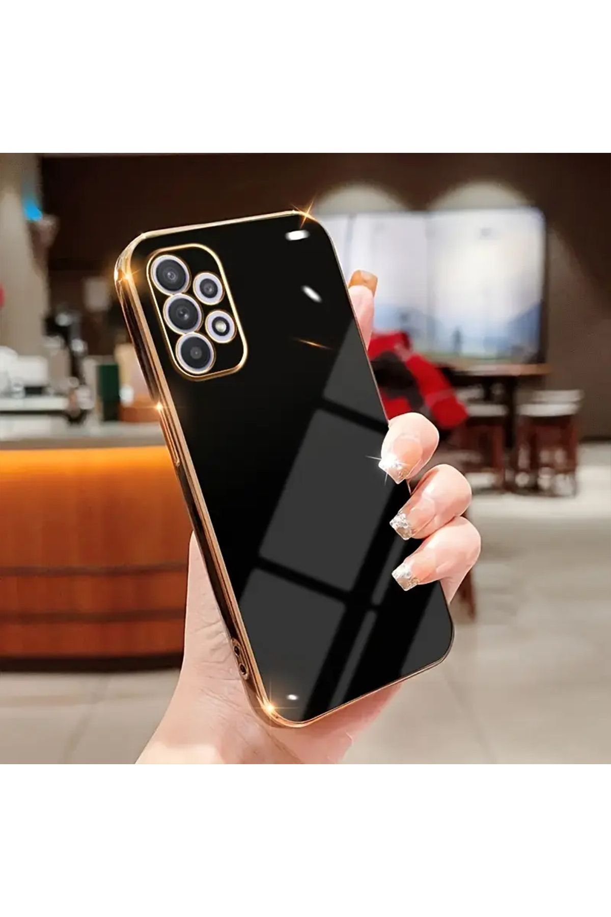 Merwish Galaxy A32 Uyumlu Lazer Kesim Gold Çerçeve Siyah Kapak Kılıf