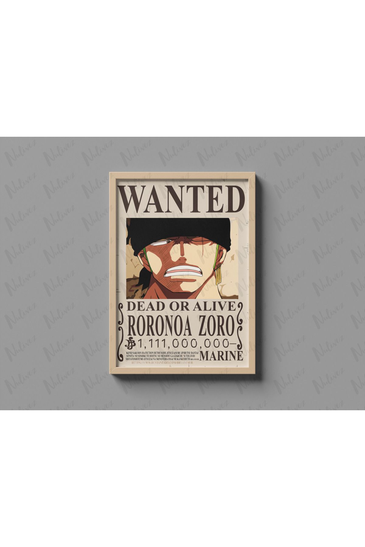 Nulivez Çerçeveli, One Piece Wanted Zoro Tasarımlı Dekoratif Tablo, 300 Micron Antireflecte Korumalı Tablo
