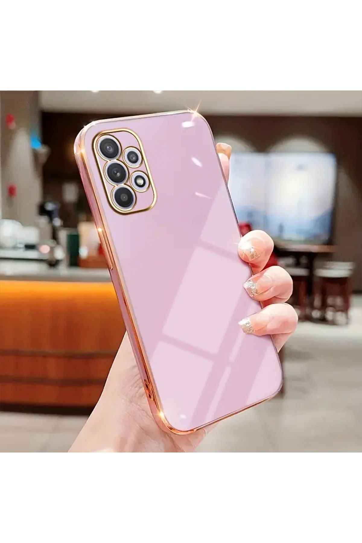 Merwish Galaxy A32 Uyumlu Lazer Kesim Gold Çerçeve Mor Kapak Kılıf