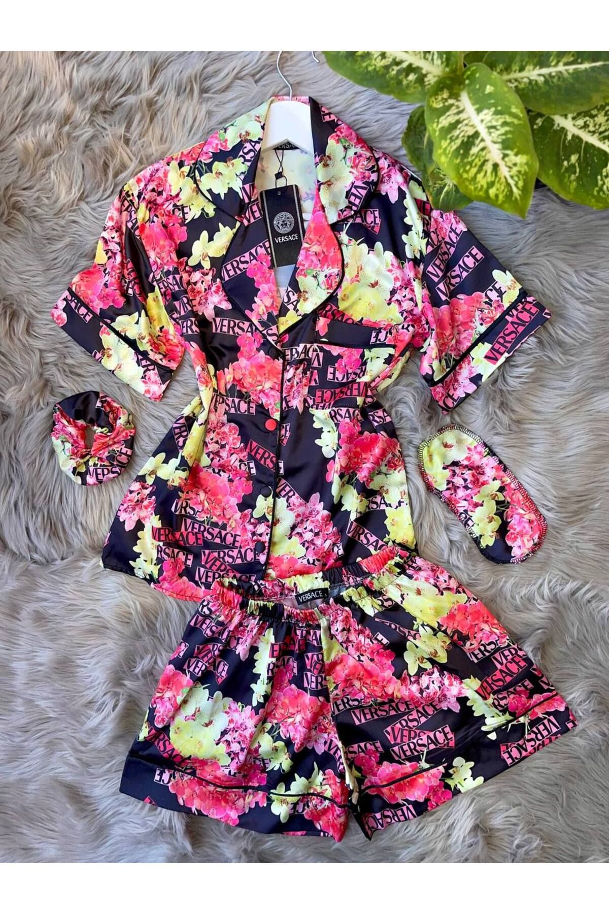 saviniboutique SAVİNİ Victoria Kadın Saten Önden Düğmeli Çiçek Desenli Şortlu Pijama Takımı