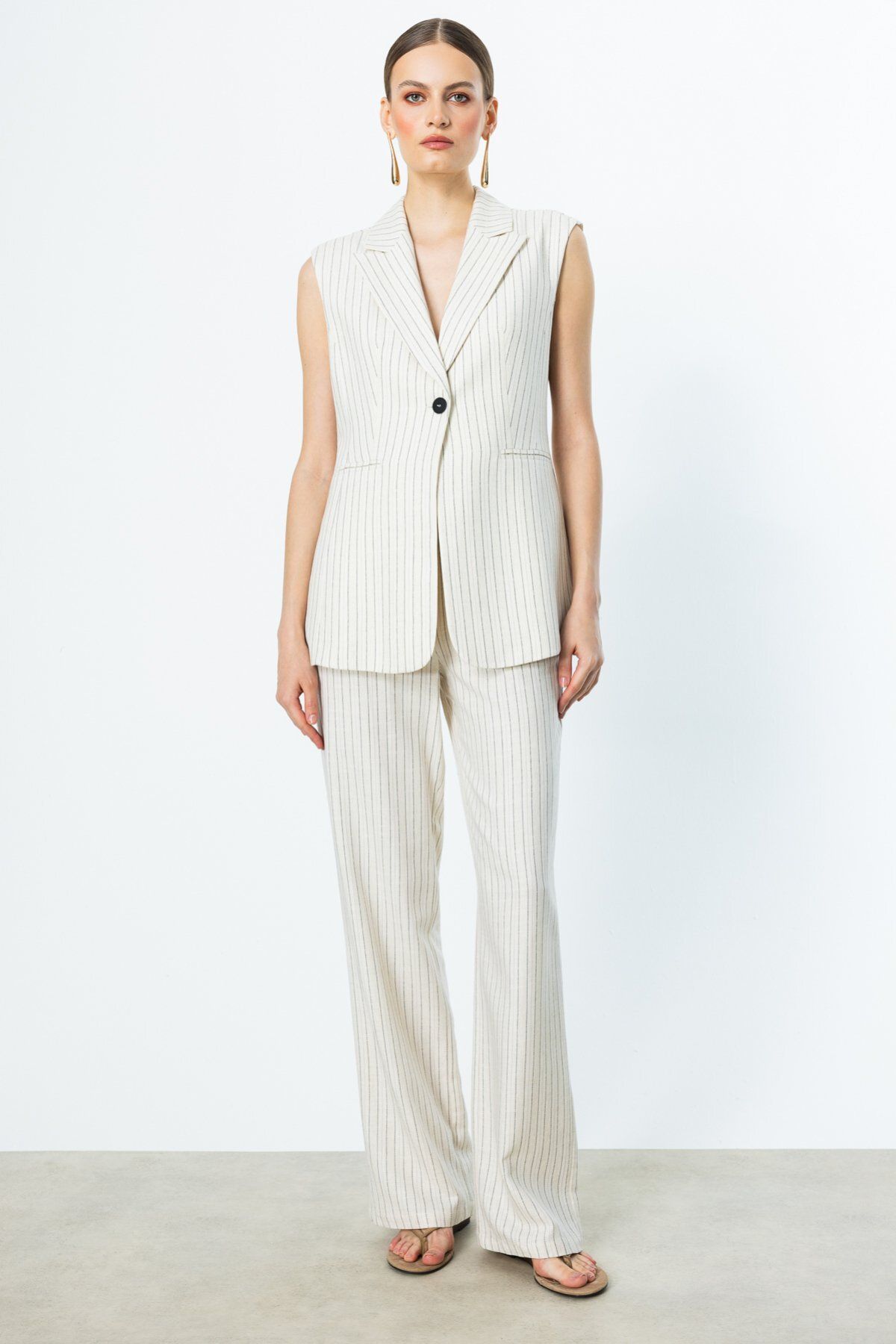 Ekol-Stripe Patterned Single Button Vest 3