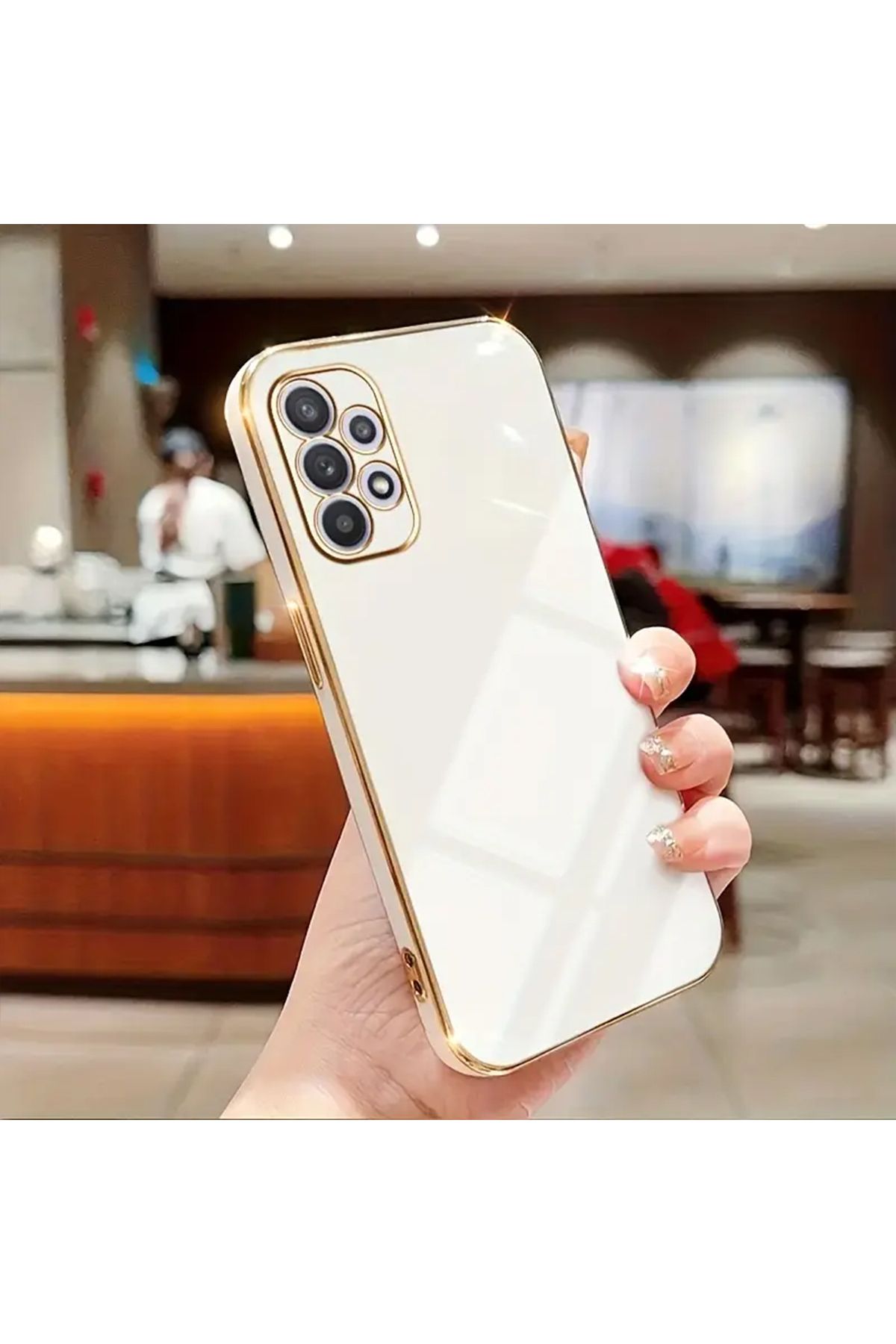 Merwish Galaxy A32 Uyumlu Lazer Kesim Gold Çerçeve Beyaz Kapak Kılıf