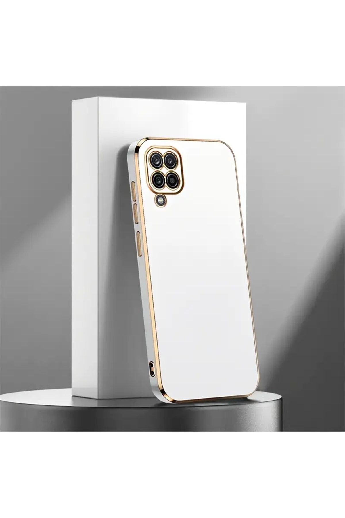 Merwish Galaxy M12 Uyumlu Lazer Kesim Gold Çerçeve Beyaz Kapak Kılıf