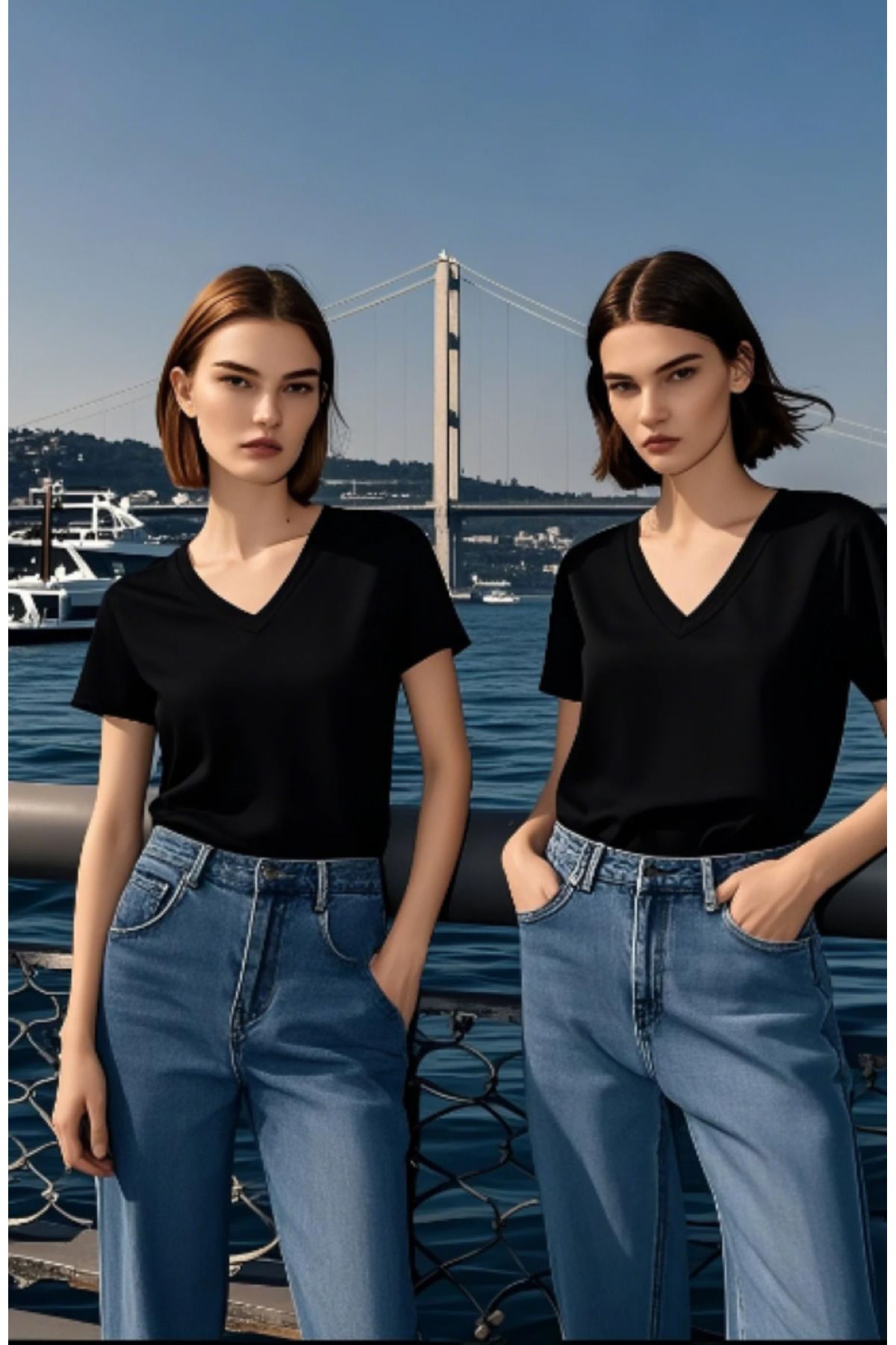 MODA 2li Siyah Renk Kadın V Yaka T-shirt Günlük Rahat Tişört