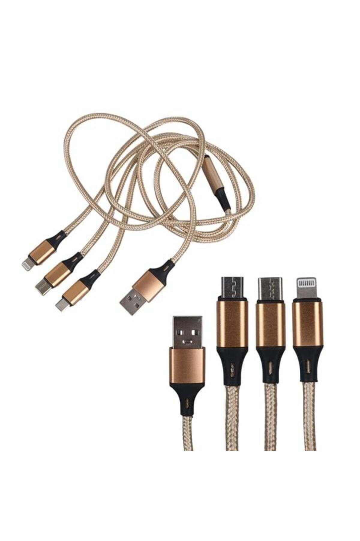 Pazarcan Powermaster Pm-2368 Micro Usb - Type-C - Lightning Şarj Ve Data Kablosu 2.1 Amper 110Cm Örgülü