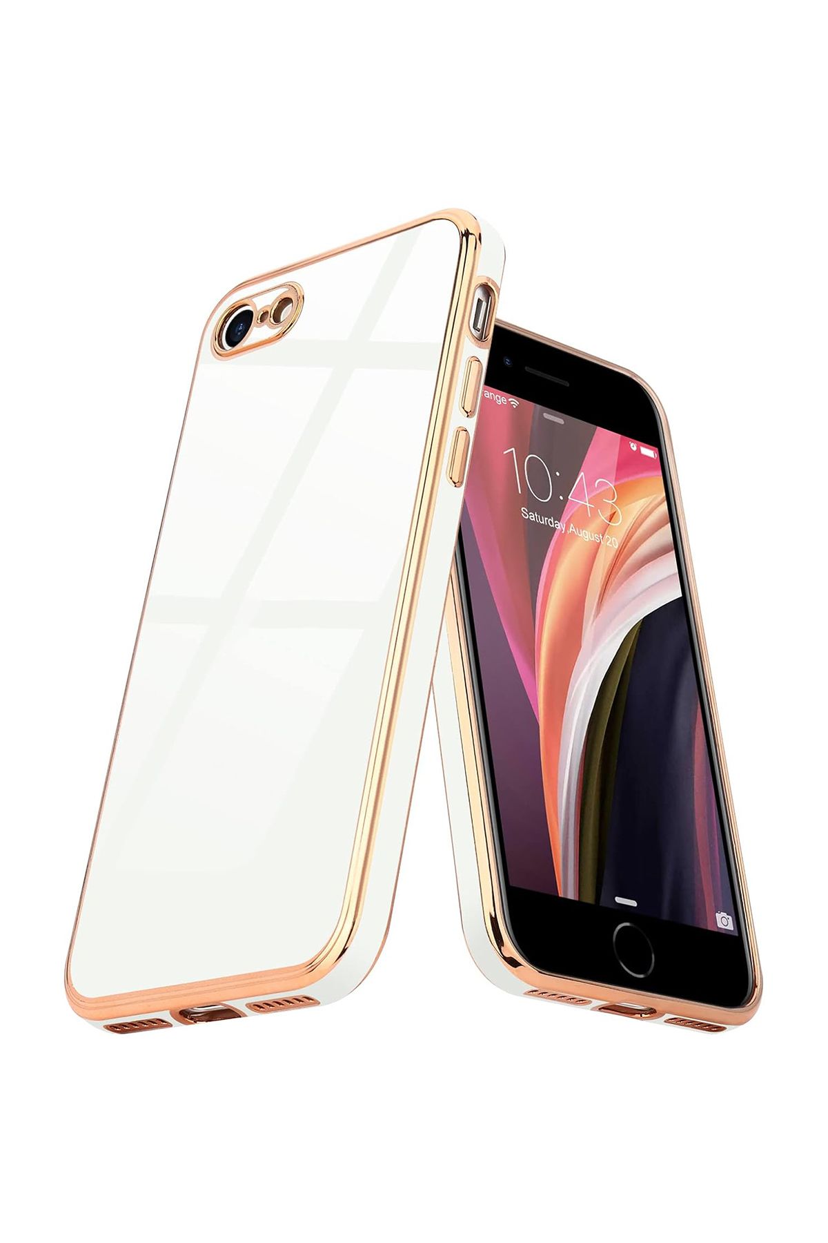 Merwish iPhone 7-8-SE Uyumlu Lazer Kesim Gold Çerçeve Beyaz Kapak Kılıf