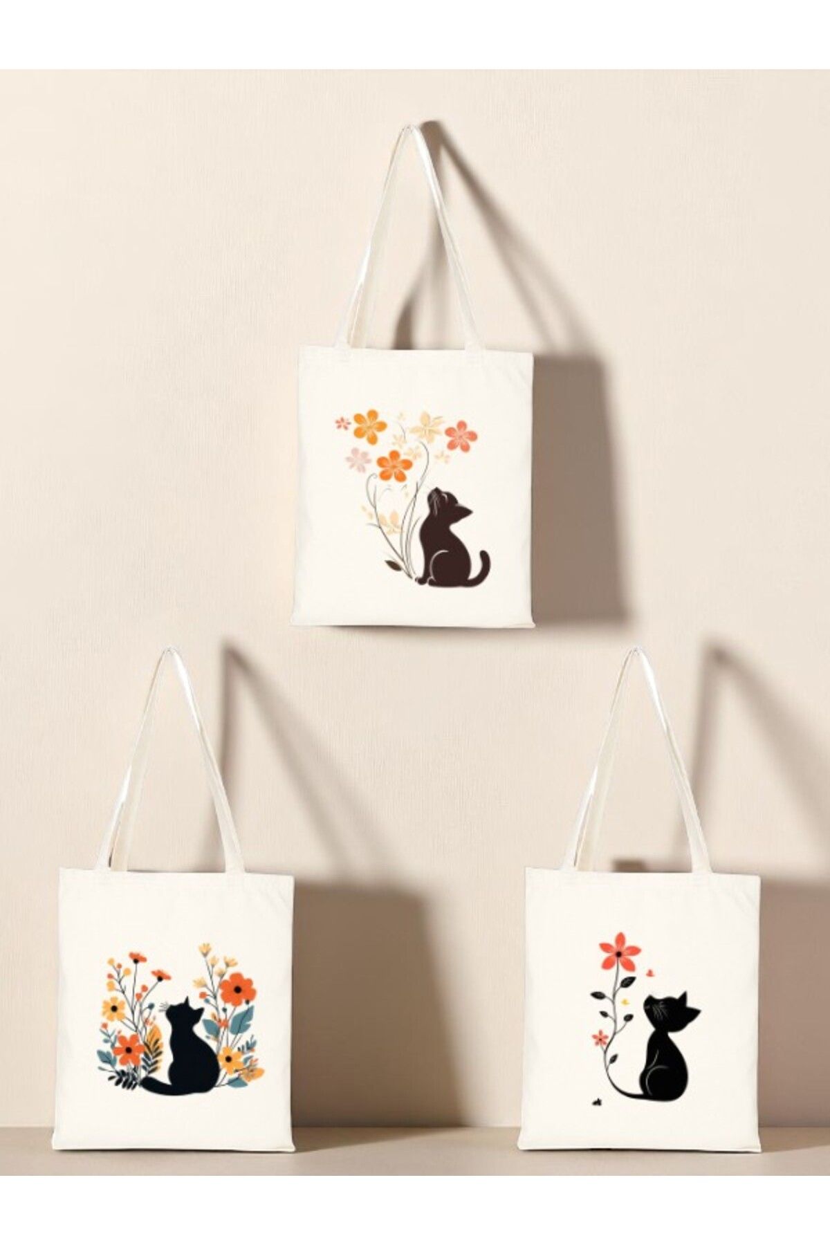 lili hediyelik Çiçek ve Kedi Baskılı Bez Çanta 3'lü Omuz Çantası