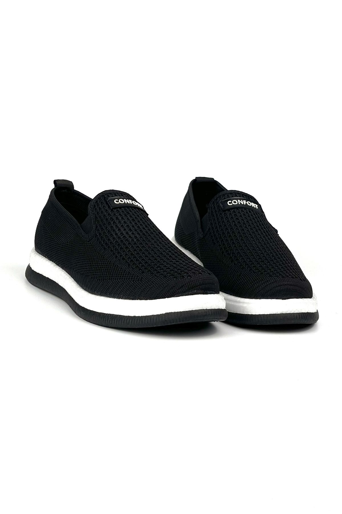 KAJILA Erkek Siyah Beyaz Triko Bağcıksız Esnek Hafif Günlük Casual Sneaker Spor Ayakkabı