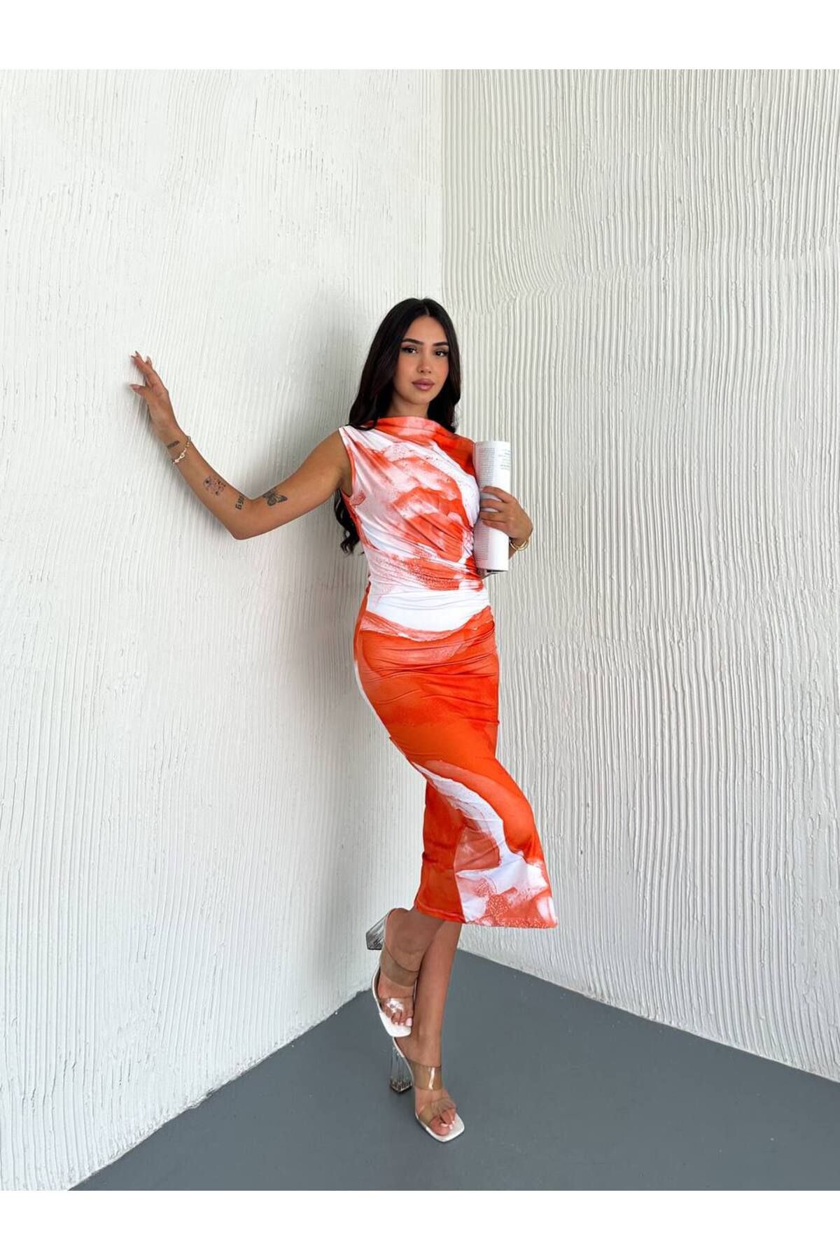 Castivo Fashion Drapeli Saten Efektli Renkli Desenli Midi Elbise