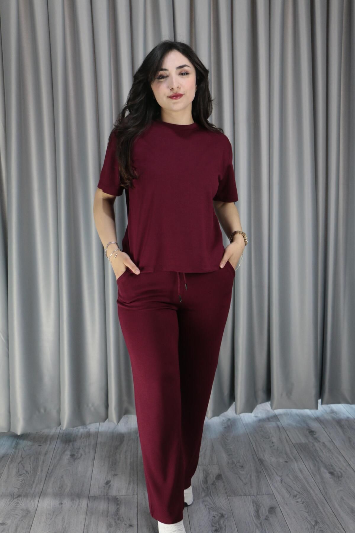 Giyimodam Kadın Bisiklet Yaka Modal Kumaş Bordo İkili Takım