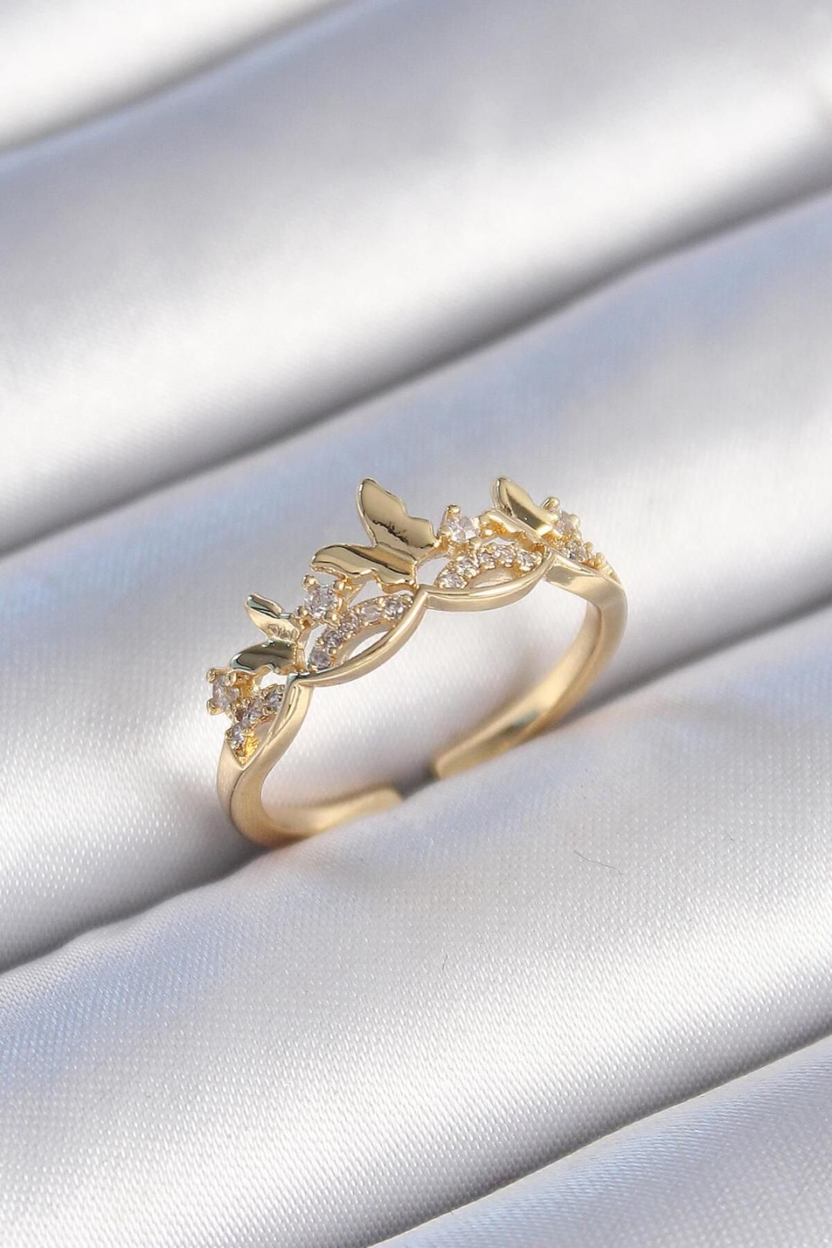 AfraBeauty 925 Ayar Paslanmaz Çelik Gold Renk Zirkon Taşlı Kelebek Model Kadın Yüzük