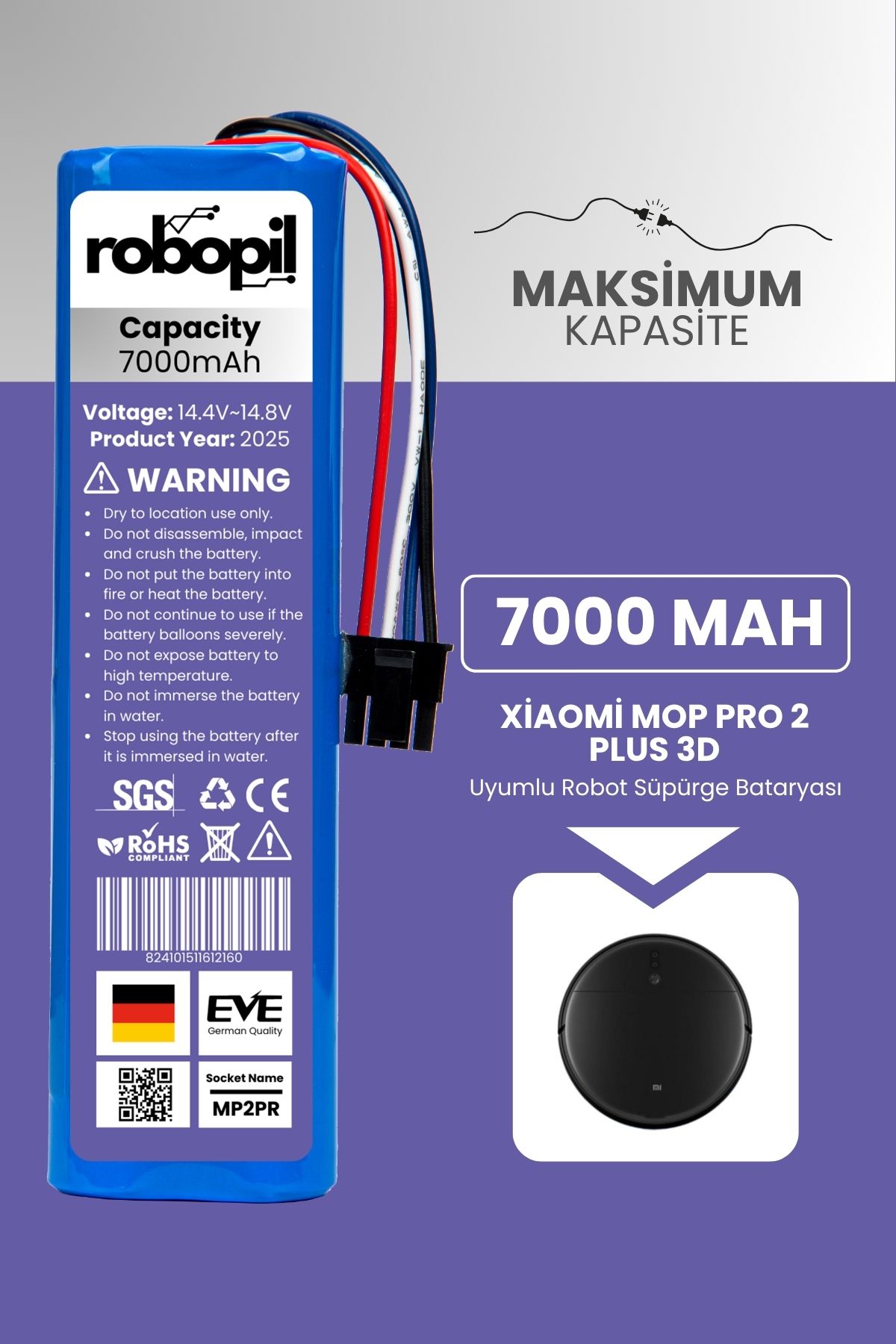 ROBOPİL Xiaomi Mop Pro 2 Plus 3d Stytjo2zhm Uyumlu Batarya (MAKSİMUM KAPASİTE) 7000mah Robot Süpürge Pili