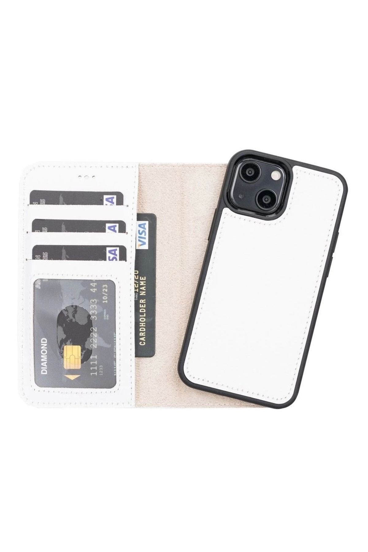 Modafiks Apple iPhone 13 Mini Uyumlu Deri Cüzdanlı Kılıf F3 Beyaz