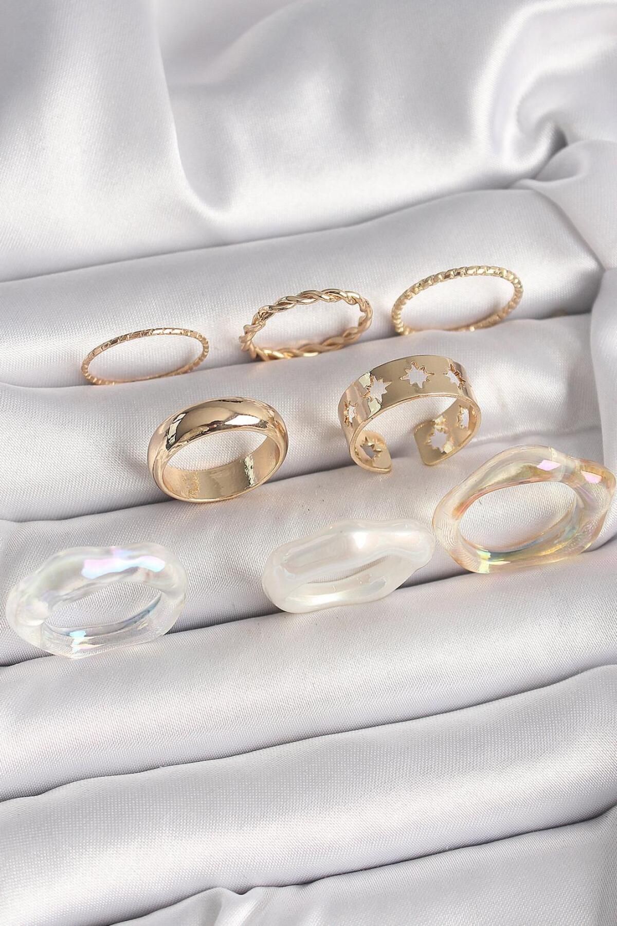AfraBeauty 925 Ayar Paslanmaz Çelik Gold Renk Beyaz Akrilik Plastik Modek Kutup Yıldız İşleme Yüzük Kombini
