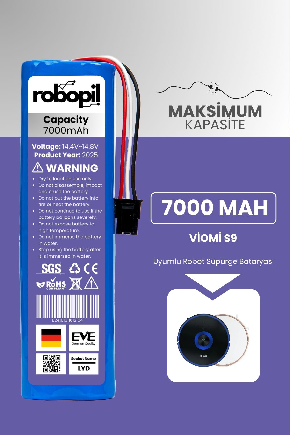 ROBOPİL Viomi S9 Uyumlu Batarya (MAKSİMUM KAPASİTE) 7000mah Pil Robot Süpürge Bataryası Değişimi