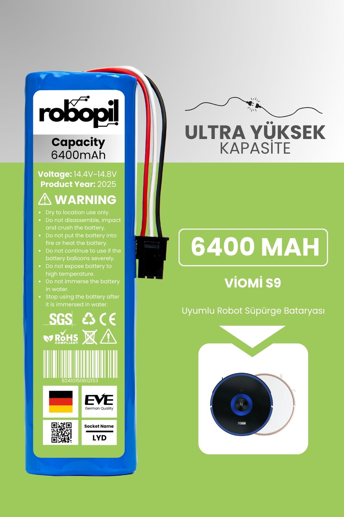 ROBOPİL Viomi S9 Uyumlu Batarya (ULTRA YÜKSEK KAPASİTE) 6400mah Pil Robot Süpürge Bataryası Değişimi