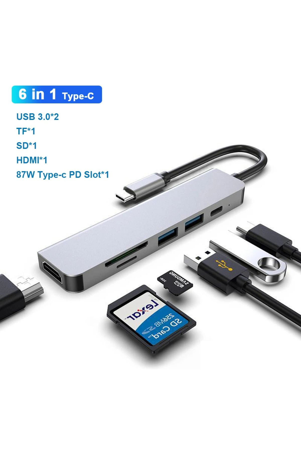 MMPSHOP Macbook Pro Air Uyumlu Type-C 6in1 Dönüştürücü Çoklayıcı Usb / TF Kart / Hdmı 4k / Type-c 87W Pd