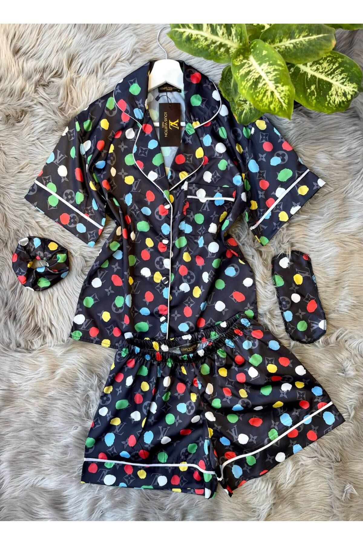 saviniboutique SAVİNİ Victoria Kadın Saten Önden Düğmeli Çiçek Desenli Şortlu Pijama Takımı