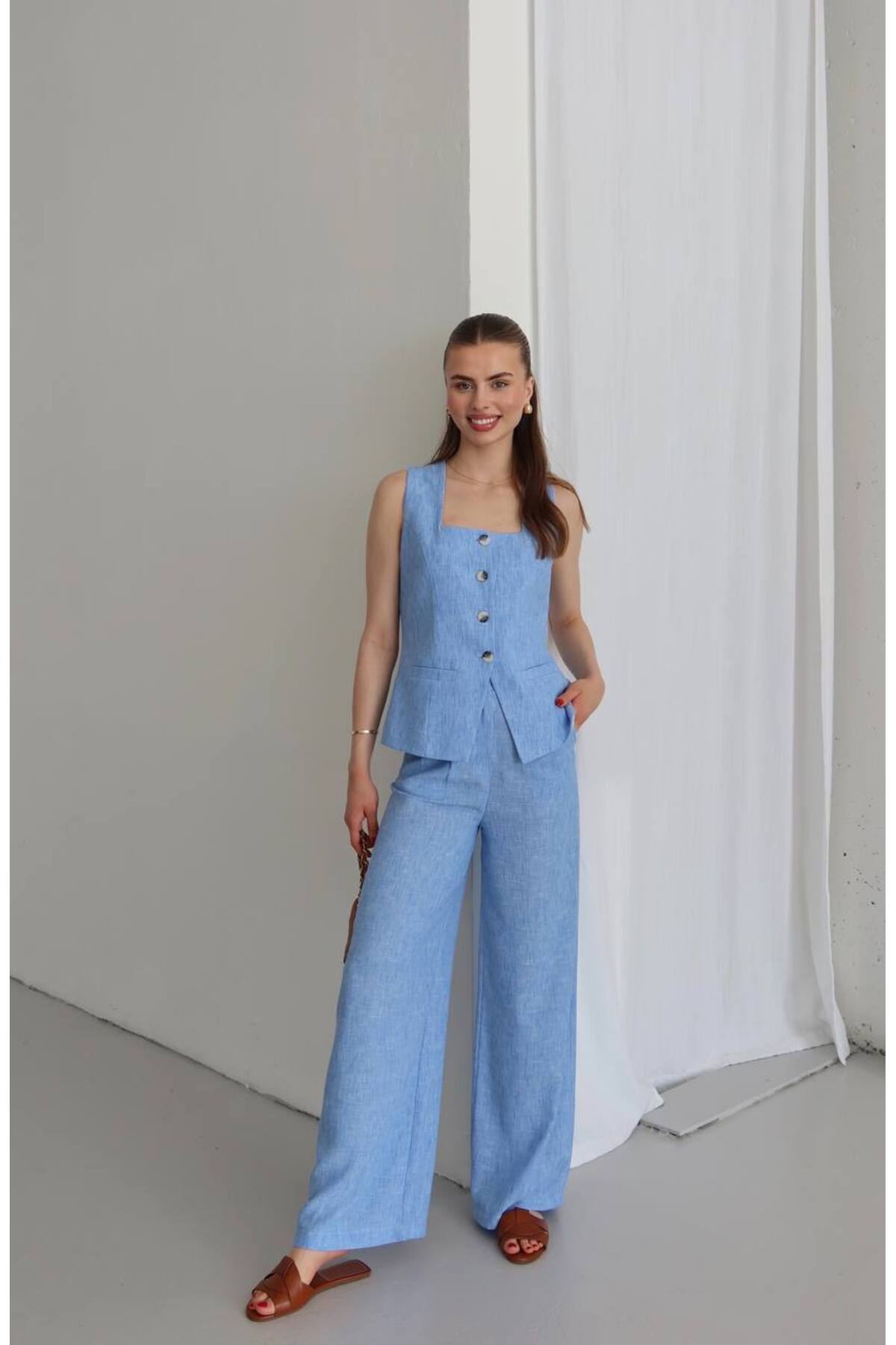 Women Square Neck Linen Two-Piece Set Baby Blue - Görsel 5